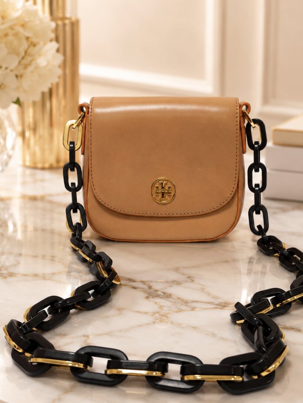 Tory Burch Robinson Aged Vachetta Leather Chain Crossbody Camel